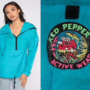 Hooded Windbreaker Jacket 90s Turquoise Blue Shiny Pullover Red Pepper Activewear Hoodie Quarter Zip 1990s Vintage Light Hood Medium M 
