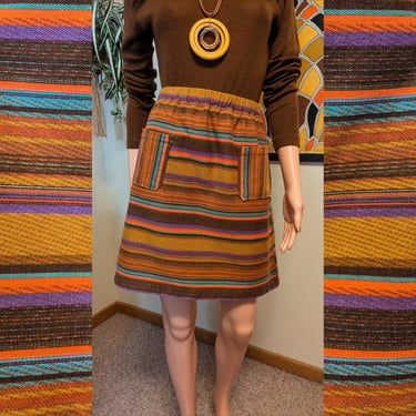 Vintage 1970s Mustard Multicolor Striped Cotton Elastic Waist A-line Mini Skirt with Pockets / 60s 70s Fall Hippie Autumn Gold Yellow Brown 