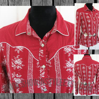 Wrangler Vintage Retro Western Women's Cowgirl Shirt, Rodeo Queen Blouse, True Red with White Floral Print, Tag Size Med. (see meas. photo) 