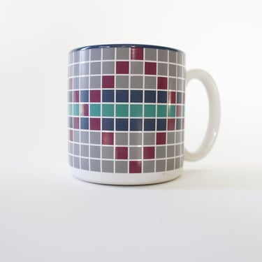 Vintage 90s Coffee Mug - 1992 Flowers Inc. Susan Burger Design - Grid Pattern 