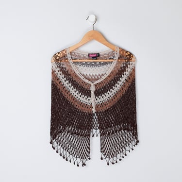 Vintage Y2k Brown & Tan Lace-Knit Poncho Top - 2000s clothing, bohemian, indie - Women's S/M 