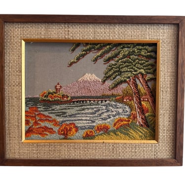 Hand Embroidered Antique Landscape Framed Mountain Lake Scene 