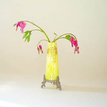 Antique miniature art glass vase in gilt gold French ormolu stand Yellow glass cabinet bud vase 