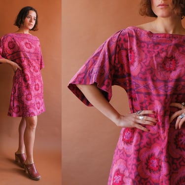 Vintage 60s Indian Cotton Mini Dress/ 1960s Block Printed Pink Boat Neck Dress/ Size Medium 