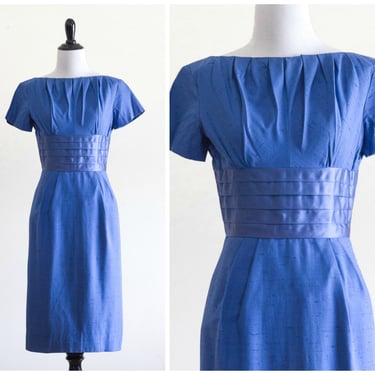 1960s/50s blue linen sheath dress with pleated satin waist band 