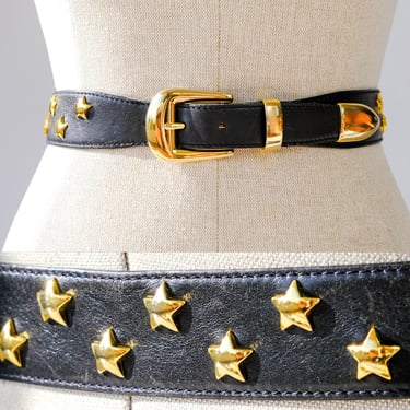 Vintage 80s ESCADA Black Leather Adjustable Belt w/ Gold Star Rivets & Belt Tip | Made in West Germany | Rocker, Boho | 1980s Designer Belt 