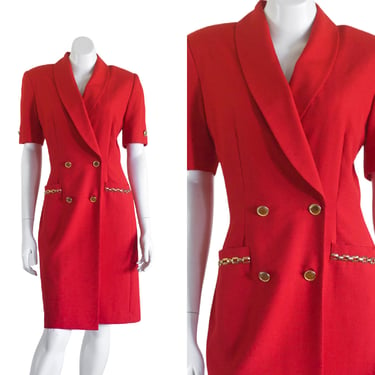 1990s red double breasted sheath dress with shoulder pads 