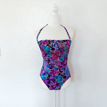 80s Metallic Gold Purple Floral Strapless Convertible Halter One Piece Swimsuit | Medium 