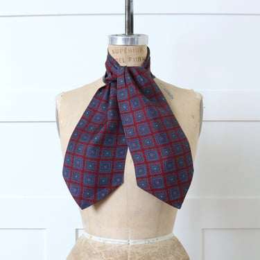 vintage 1940s 50s fine silk ascot • dark red & blue square patterned ascot tie 