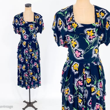 1940s Navy Floral Dress Midcentury | 40s Colorful Navy Floral Print Rayon Dress | Large 