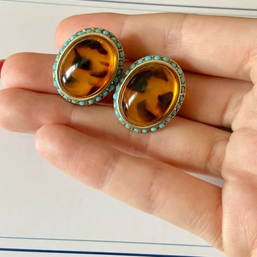 90s Tortoise &amp; Turquoise Clip Earrings