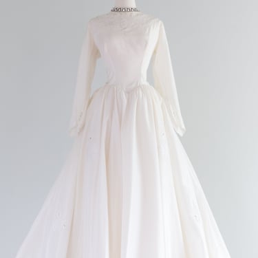 Classic 1950's Snow White Taffeta Wedding Gown With Sleeves and Train / Waist 31&quot;
