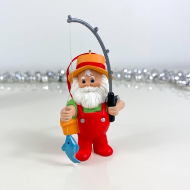 Vintage Hallmark Keepsake Ornament, Gone Fishing Handcrafted Ornament, Retired Hallmark, Santa fishing pole suspenders ornament, 1988 