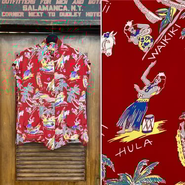 Vintage 1940’s “Malihini” Hula Girl Cartoon Silky Rayon Tiki Teatimer Hawaiian Shirt Top, Original, 1950’s Shirt 