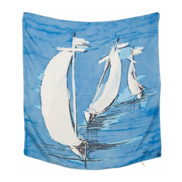 Maggy Rouff 1950s Vintage Sailboat Print Blue Silk Twill Scarf 