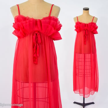 1970s Red Nylon Nightgown | 70s Red Long Nightgown | 70s Red Ruffled Sheer Maxi | Vanity Fair | Medium 