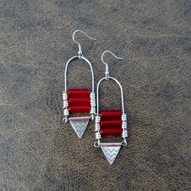 Red frosted glass chandelier earrings 