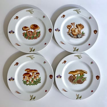 Set of 4 Vintage, Mushroom, Dessert, Salad or Appetizer Plates - Fall Decor, Tableware, Mushroom Scenes by Carter for Sigma the Tastesetter 