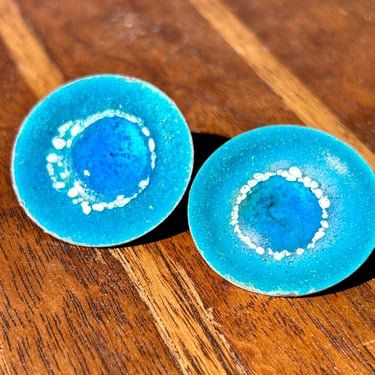 Vintage Enamel Earrings Enameled Metal Art Clip On Retro Modern Jewelry Blue 
