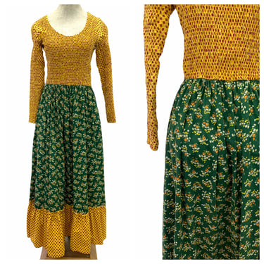 Vintage VTG 1970s 70s Yellow Green Floral Patterned Smocked Boho Maxi Dress 