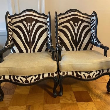 Pair of Massoud Mendosa Zebra Floral Upholstered Wing Chairs KK270-1