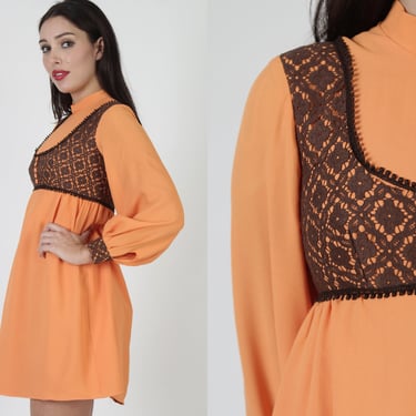 High Waisted 60s Puff Sleeve Scooter Dress, 2 Tone Pumpkin Orange Micro Mini Frock, Full Skirt Crochet Mod Outfit 