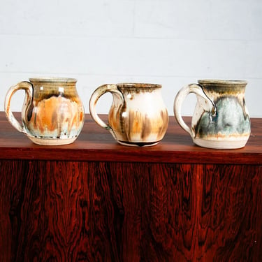 Mid Century Modern Coffee Cup Set of 3 Handle Mug Mcm Ceramic Studio Signed NM