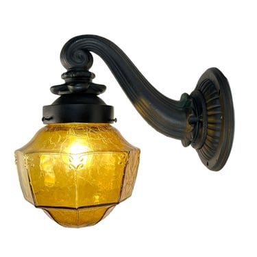 Vintage Curved Arm Exterior Sconce with Amber Crackle Shade ca 1910  #2308, Free Shipping!! 