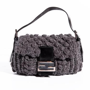 FENDI 90s Grey Crochet Baguette with Black Leather Accents