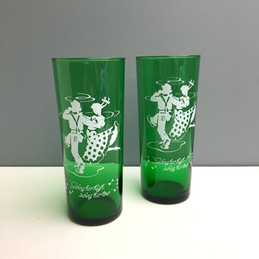 Anchor Hocking Square Dance cooler glasses - a pair - forest green - 1950s vintage 