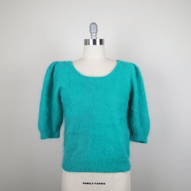 Vintage 1980s angora sweater, puff sleeve, balloon sleeve, scoop neck, size medium, large 