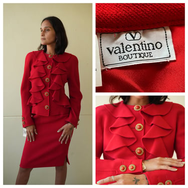 Vintage 80's Valentino Suit Dress / Wool Holiday Party Dress Suit / Large Gold and Red Buttons Frilly Jacket / Valentino Red Blazer 