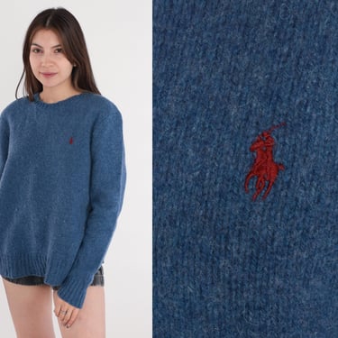 Ralph Lauren Sweater y2k Blue Polo Sweater Merino Wool Angora Blend Knit Pullover Jumper Crewneck Plain Basic RLP Retro Vintage 00s Large L 