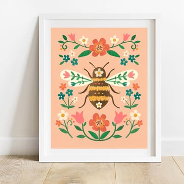 Floral Bee Folk Art 8 X 10 Art Print/ Woodland Insect Illustration/ Honey Bee With Flowers Wall Decor/ Nature Inspired Art 