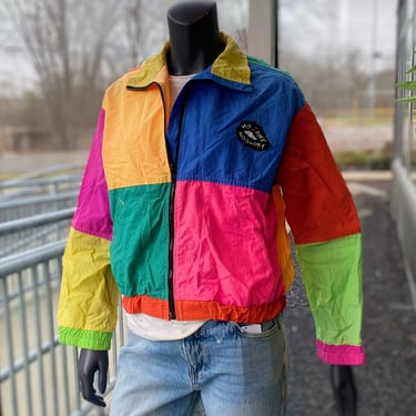 JAMS WORLD Vintage Neon Colorblock Windbreaker - Size Medium 1980s 1990s 80s 90s Retro Bright Rainbow Honolulu Hawaii Surfer Style Unisex 