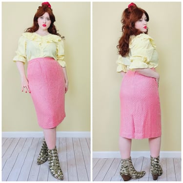 1990s Vintage Pink Acrylic Woven Wiggle Skirt / 90s Bubblegum High Waisted Barbie Core Pencil Skirt / Size XL Waist: 32" 