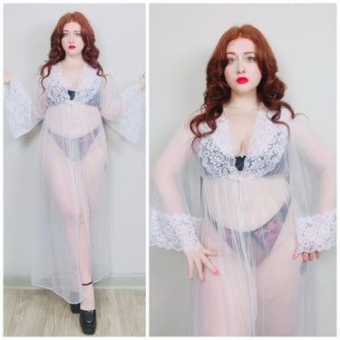 1980s Vintage White Nylon Flared Sleeve Dressing Gown / 80s Sheer Lace Trim Romantic Empire Waist Robe / Large -XL 