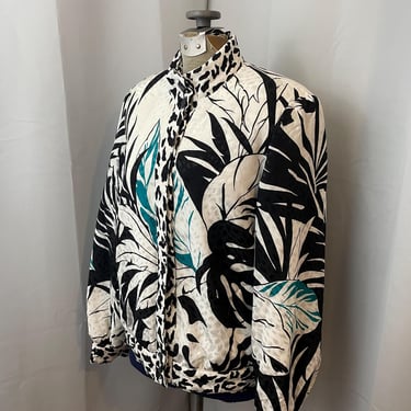 Monstera Plant Print Quilted Windbreaker Leopard 1980s German European Vintage 36 M 