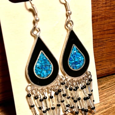 Vintage Sterling Silver Turquoise Chip Earrings Dangle Beaded Fringe Mexico Alpaca Retro Gift 
