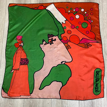 Peter max scarf, vintage silk scarf, op art, beatles, self portrait, Orange and green, Artist, designer, 1960s mod scarf, Psychedelic 