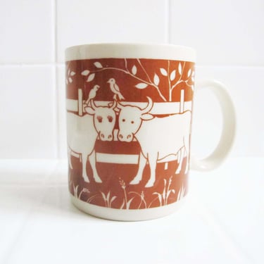 Vintage Cow Coffee Mug - Barnyard Animals Papel - Farm Cottagecore Brown Illustrated Mug For Friend 