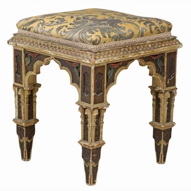 Antique Gothic Revival Carved & Polychrome Painted Ottoman Stool Tabouret with Upholstered Seat 19th Century 