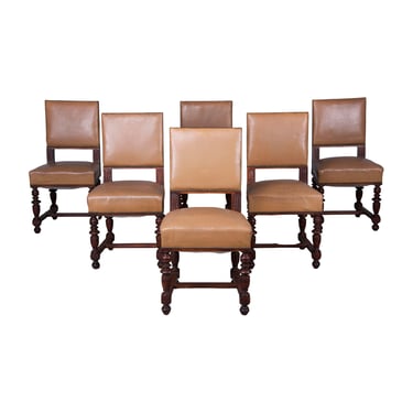 Antique French Napoleon III Style Walnut Dining Chairs W/ Beige Leather - Set of 6 