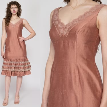 Medium 80s Dusty Rose Raw Silk Cupcake Dress | Vintage Sleeveless Sheath Ruffle Hem Lace Trim Midi Party Dress 