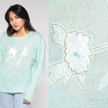 Flower Sweater 90s Mint Green Pullover Knit Sweater Floral Applique Graphic Print Hippie Bohemian Acrylic Vintage 80s Shenanigans Medium M 