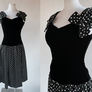 Vintage 1980's Black Velvet Drop Waist Dress w White Polka Dot Bows by Roberta California / Prom, Halloween, Sock Hop, Rockabilly, 1950's 