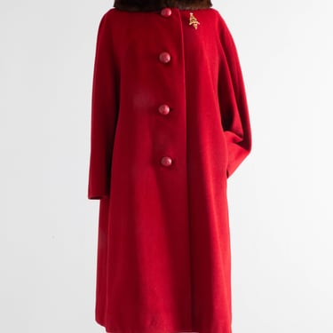 1950's Crimson Cashmere Mink Trimmed Cocoon Coat By Rothmoor / ML