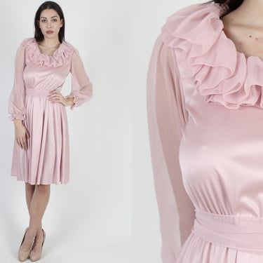 Dusty Rose Sheer Chiffon Ruffle Dress, Vintage 70s Disco Wedding Outfit, Womens Girls Cocktail Party Short Frock 