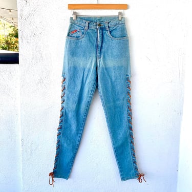 Vintage Leather Lace Up Jeans 1980s High Waisted Denim Pants 