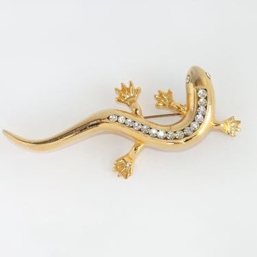 Vintage Gold and Rhinestone Large Lizard Salamander Brooch 1990s - 3D Gecko Reptile Jewelry 